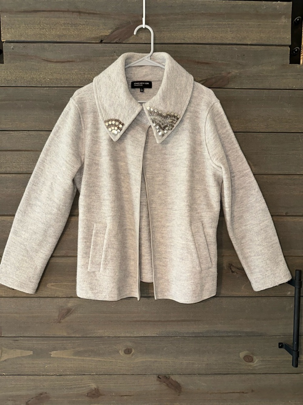 JONES NEW YORK Embellished Collar Light Gray Wool Jacket